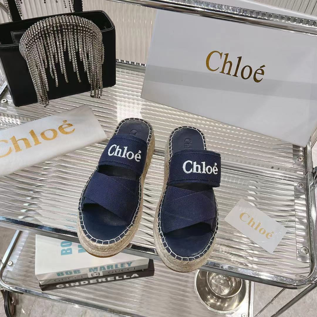 MILA PLATFORM 5 CM IN NAVY BLUE FABRIC AND BEIGE RAFFIA