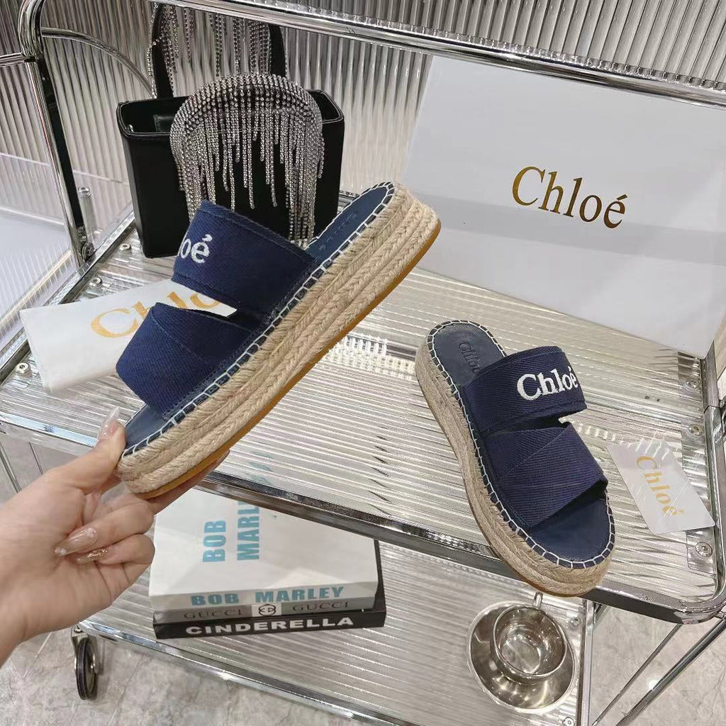 MILA PLATFORM 5 CM IN NAVY BLUE FABRIC AND BEIGE RAFFIA